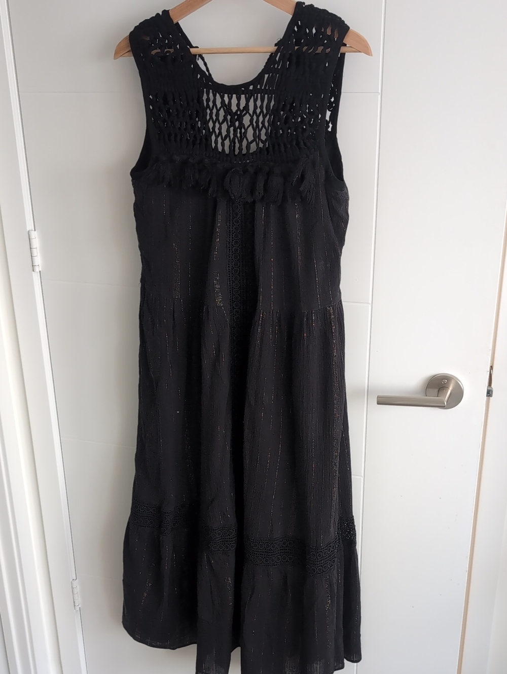 Maeve Black Boho Crochet Tassel Midi Maxi Dress Size M
